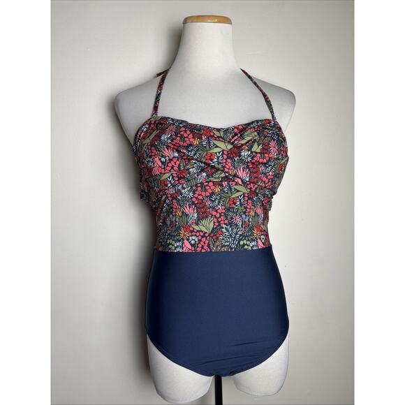 Hermoza One Piece Swimsuit Sz 6 Dark Floral Twist Front Colorblock Full Coverage - Picture 1 of 8